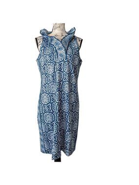 Gretchen Scott Design Size M Ruffle Neck Dress Blue White Sleeveless Shift NEW